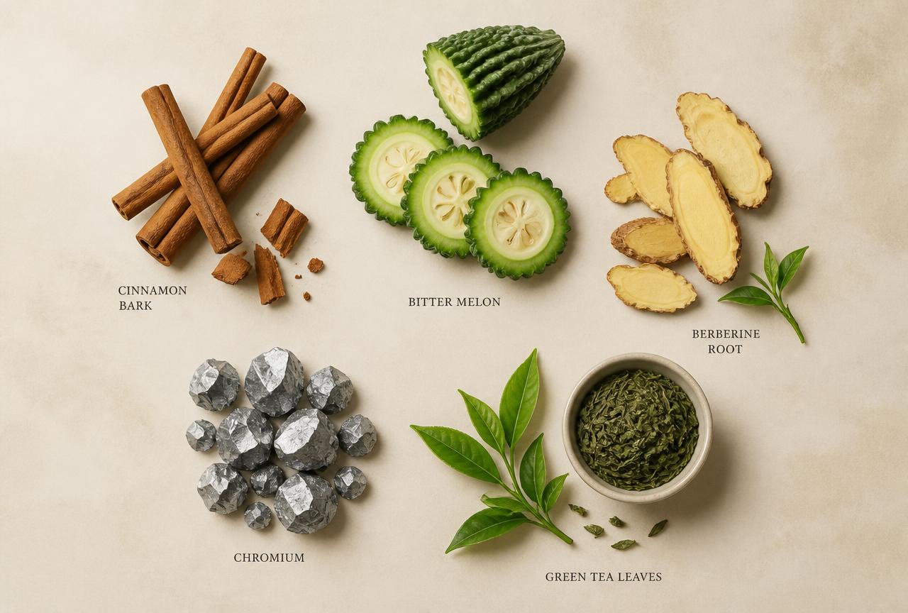 Cinnamon bark, bitter melon, berberine root, chromium and green tea leaves laid out