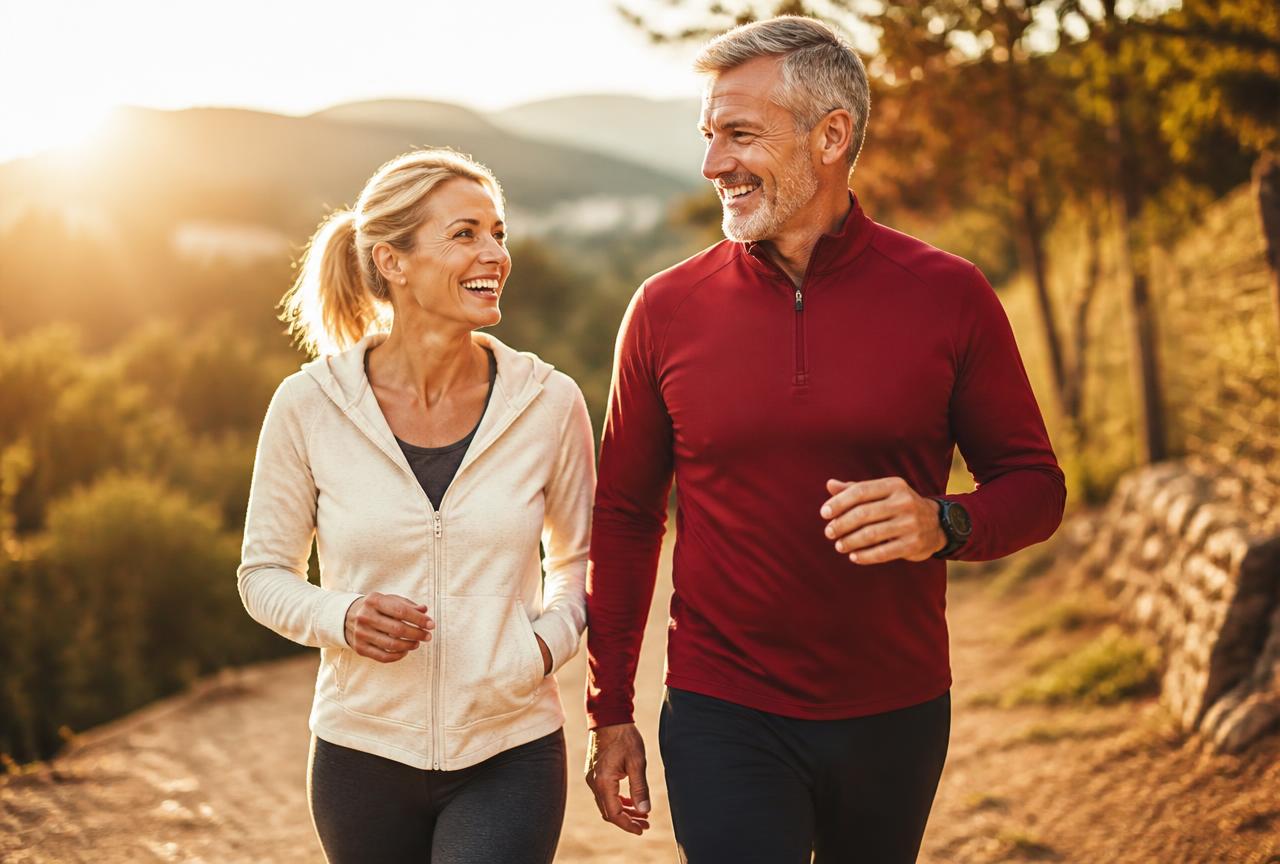 Active couple in their fifties walking outdoors at sunrise